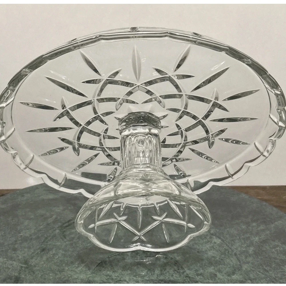 Gorham Lady Anne Clear Pressed Glass Pedestal Cake Stand Starburst Scalloped Rim